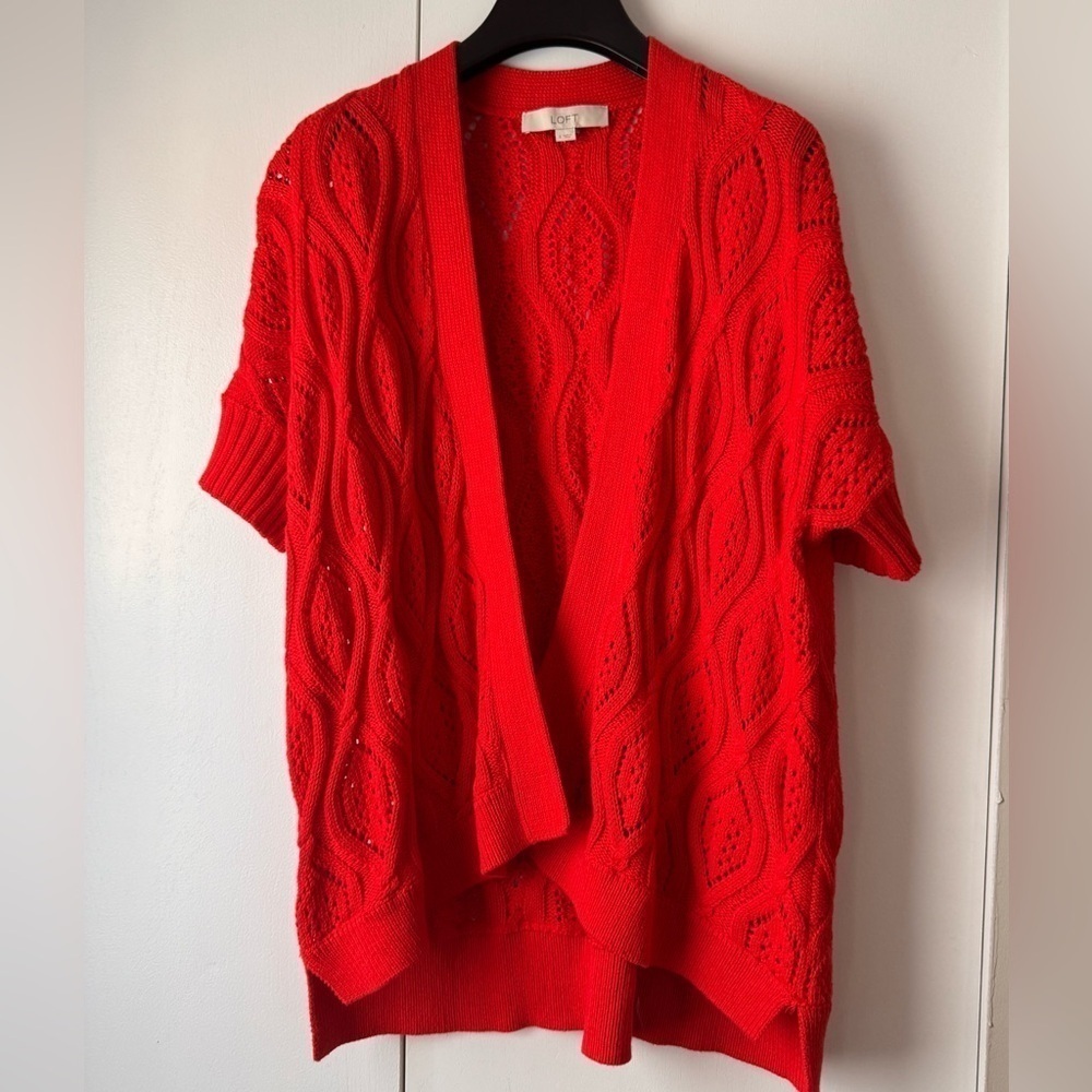 Ann Taylor Loft Red Orange Open Knit Short Sleeve Cardigan Sweater Size Small